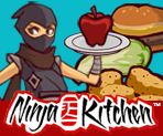 Image of ninja holding an apple on a tray with other foods in the background