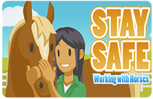 Image of the Stay Safe Working with Horses title slide featuring a horse and the main character.